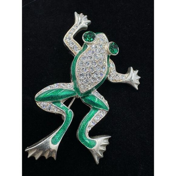 Tree Frog Brooch Green Enamel Rhinestone Vintage Amphibian Animal Pin - Picture 1 of 7